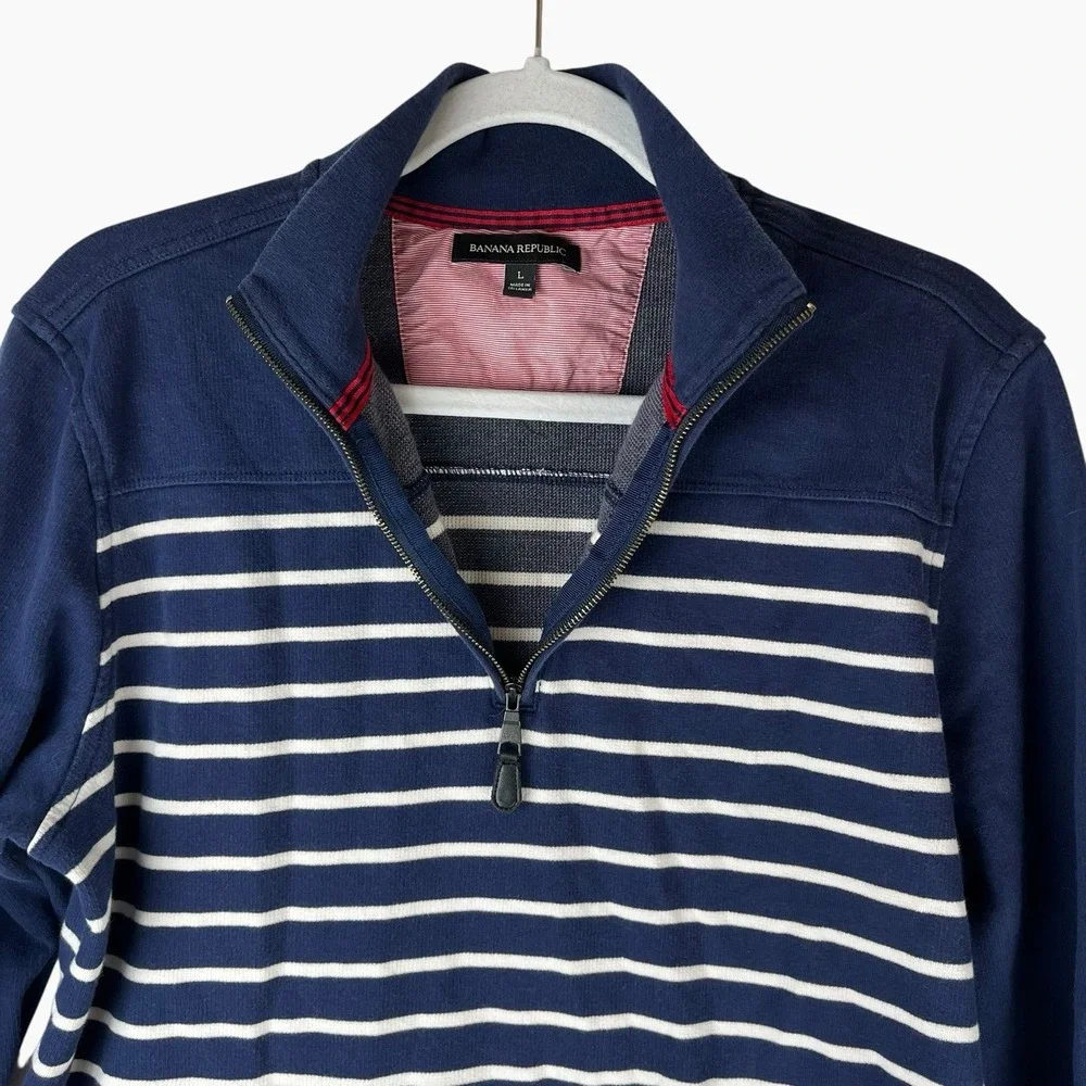BANANA REPUBLIC 1/4 Zip Sweater Men's‎ Large Blue Preppy Striped Nautical Cotton